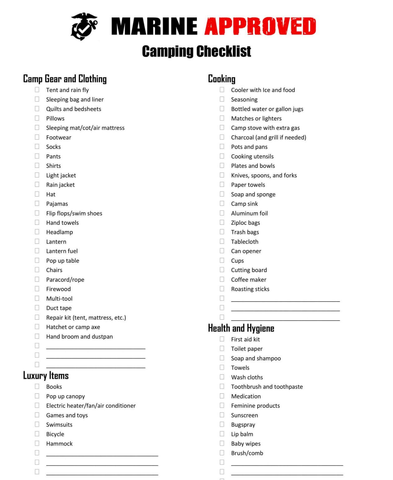 Camping Checklist 2023 (with Printable PDF) Marine Approved