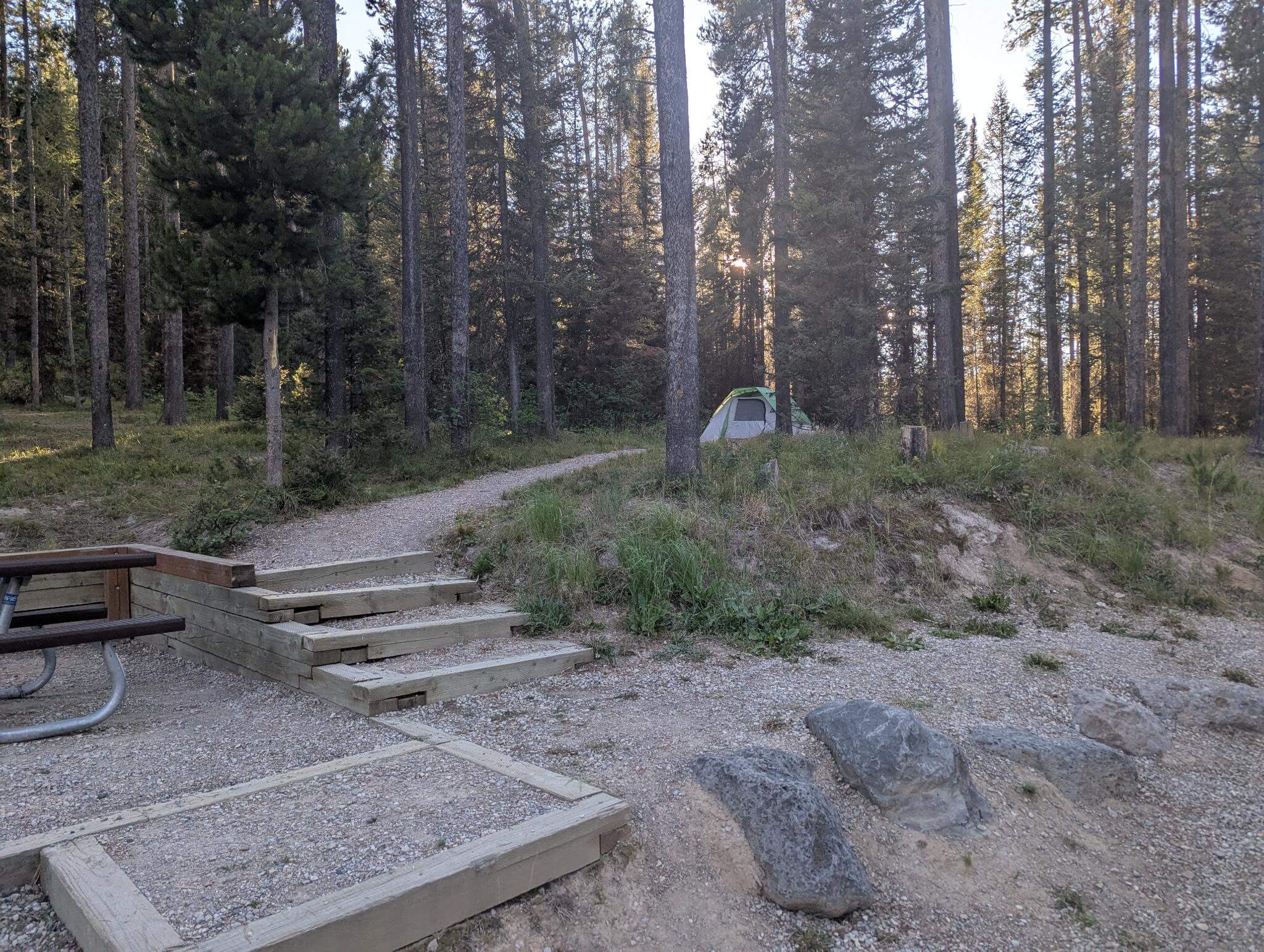 Secluded campsite in Idaho — tent and camp setup tucked away in the corner of a quiet forest clearing.