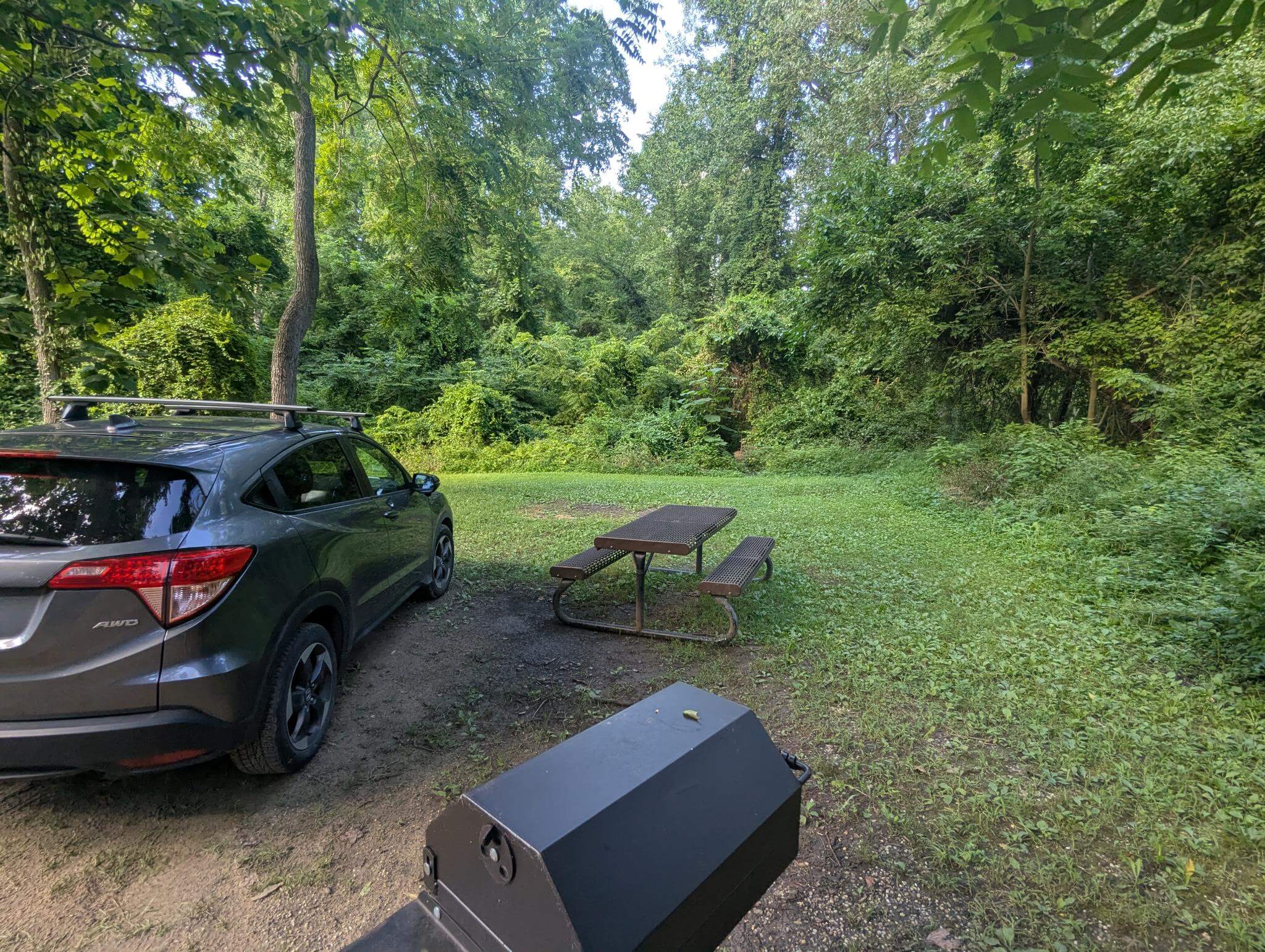Car camping setup in Maryland — tent beside vehicle at a wooded campsite with clear evening light.